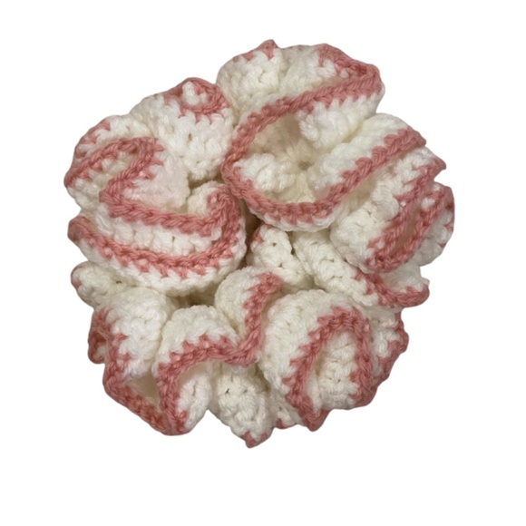 Women's Two-Tone Ruffled Crochet Hair Scrunchie. White/Pink. Medium. Cottagecore - Picture 1 of 6